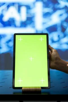 Isolated screen tablet and AI machine learning used by software developer Stock Photos