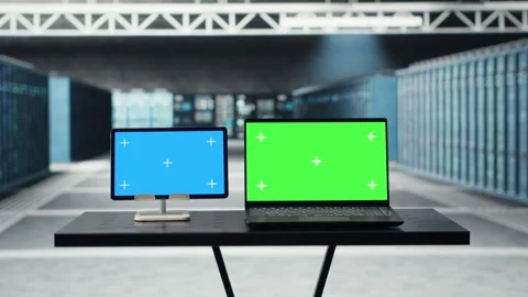 Isolated screen tablet and mockup laptop in data center doing software updates Stock Footage 317202101