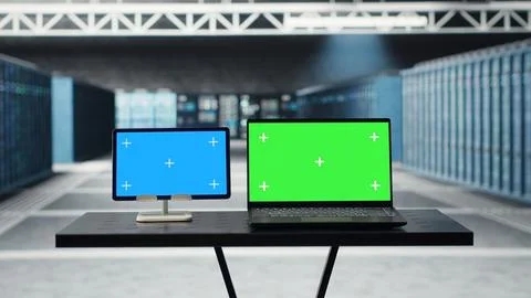 Isolated screen tablet and mockup laptop in data center doing software updates Stock Photos