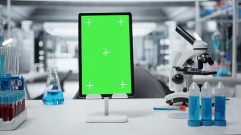 Isolated screen tablet and scientific gear in research facility Stock Photos