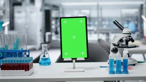 Isolated screen tablet and scientific gear in research facility Stock Photos