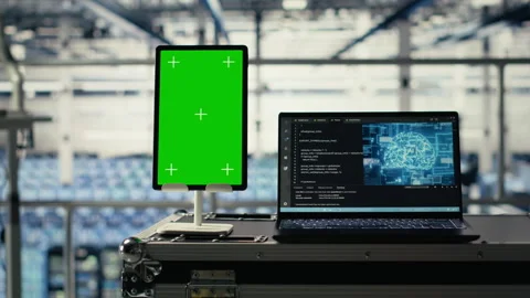 Isolated screen tablet in data center training infrastructure for AI technology Stock Footage 314685027