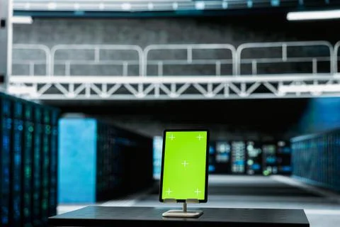 Isolated screen tablet in data center used to do checkup on supercomputers Foto stock