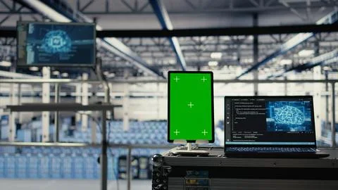 Isolated screen tablet in data center training infrastructure for AI technology 스톡 사진