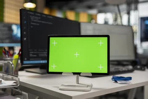 Isolated screen tablet in empty AI startup office used by programmers 写真素材