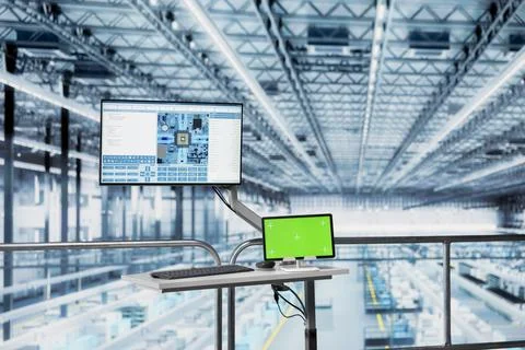 Isolated screen tablet in empty high tech semiconductors factory Stock Photos
