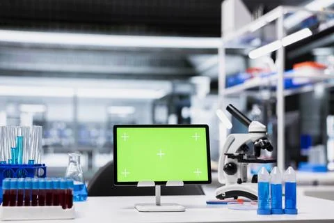 Isolated screen tablet in empty lab used by researchers to document clinical Stock Photos