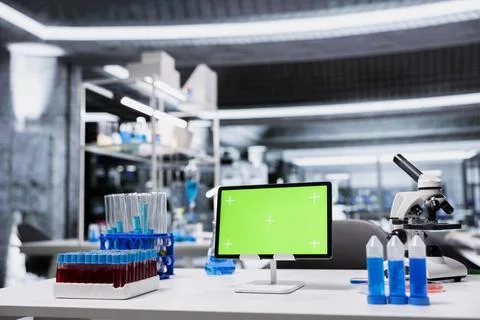 Isolated screen tablet in empty laboratory used for DNA data analysis Stock Photos