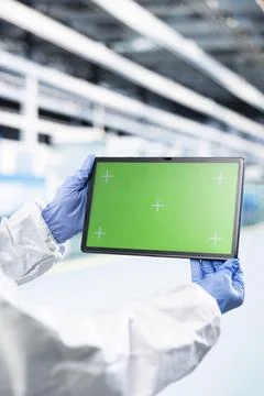 Isolated screen tablet, inspecting semiconductor production and man Stock Photos