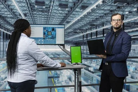 Isolated screen tablet, optimizing supply chain and microchip factory managers 写真素材