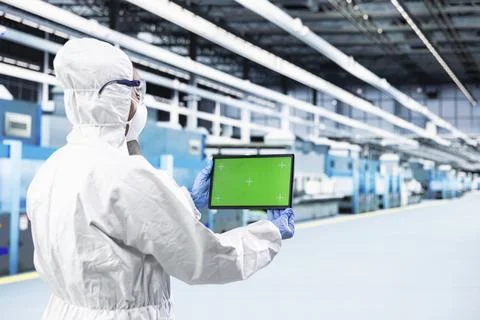 Isolated screen tablet in PCB factory cleanroom used to monitor production lines Stock Photos