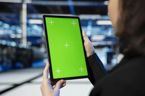 Isolated screen tablet, rigs optimizing and female programmer in server hub Stockfoto's