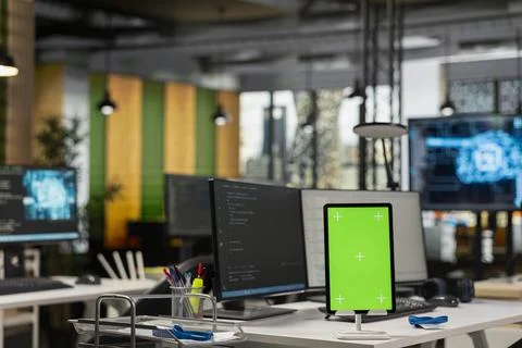 Isolated screen tablet on startup office desk showing deep learning programming Stock Photos