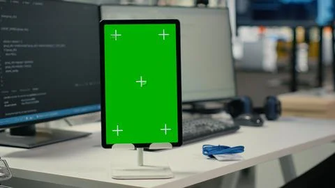 Isolated screen tablet on startup office desk showing AI neural networks 写真素材