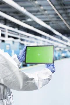 Isolated screen tablet, testing silicon wafer batches and man Stock Photos