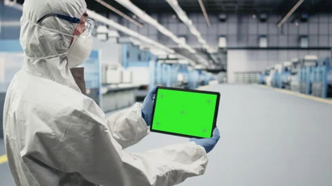 Isolated screen tablet used by cleanroom manager tracking semiconductors Stock Footage 333394503