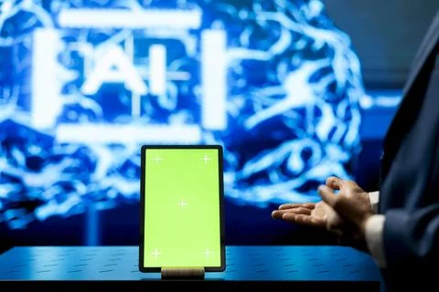 Isolated screen tablet used by computer scientist to do AI maintenance Stock Photos