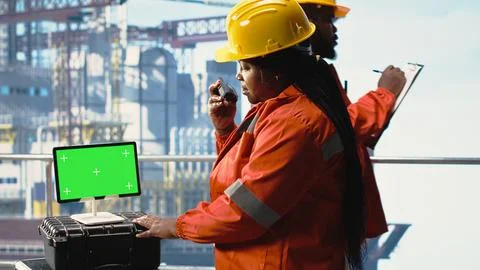Isolated screen tablet used by drilling rig expert using handheld radio Foto stock