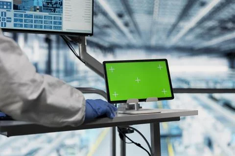 Isolated screen tablet used by engineer reviewing microchips factory analytics 写真素材
