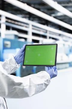 Isolated screen tablet used by man inspecting semiconductor production Stock Photos