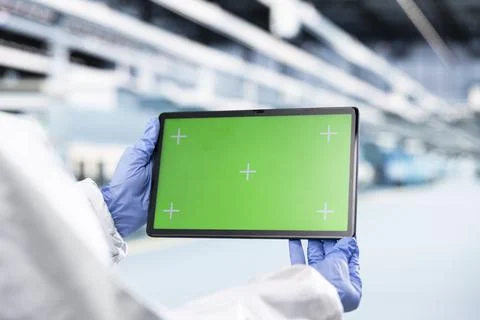 Isolated screen tablet used by man in microchip factory Stock Photos