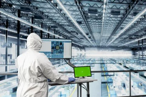 Isolated screen tablet used by QC engineer designing microchip layout 写真素材