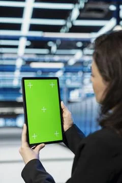 Isolated screen tablet used by server hub female programmer 스톡 사진