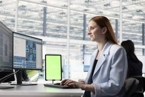 Isolated screen tablet used by smiling female engineer to design PCB layout Stock Photos