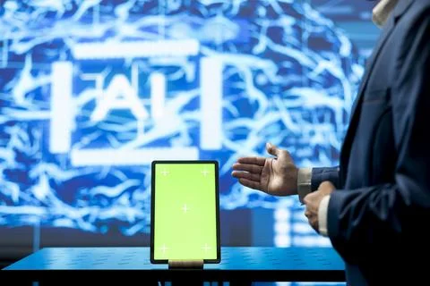 Isolated screen tablet used by software developer working in AI startup Stock Photos
