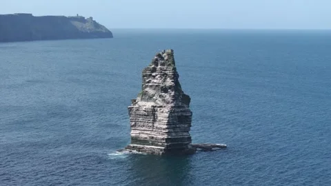 Isolated Sea Spire Off Cliffs of Moher Coastline, Wide Aerial Shot Stock Footage 341018845