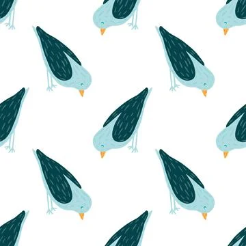 Isolated seamless animal pattern with blue contoured simple birds ornament. W Stock Illustration