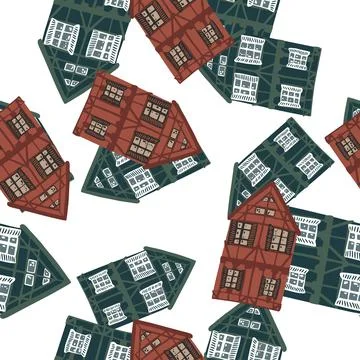 Isolated seamless architecture cartoon pattern with green and maroon house or Illustrazione stock