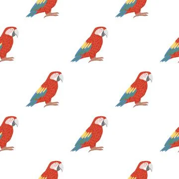 Isolated seamless bird pattern with bright doodle red parrot ara print. White Illustrazione stock