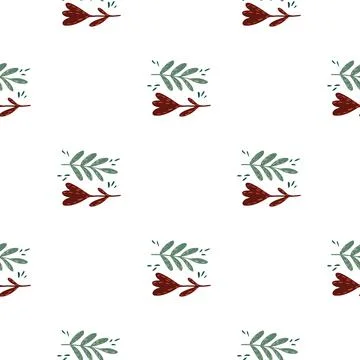 Isolated seamless botanic pattern with green branches and red flower simple s Stock Illustration