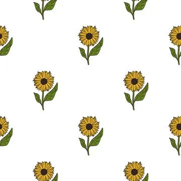 Isolated seamless botanical pattern with simple yellow sunflower silhouettes. Stock Illustration