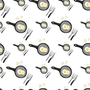 Isolated seamless breakfast pattern with eggs meal. Omelette on pan, knifes a Stock Illustration