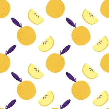 Isolated seamless bright summer pattern with doodle yellow apple ornament. Wh Stock Illustration