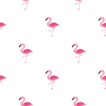 Isolated seamless cartoon pattern with bright pink flamingo silhouettes. Whit Stock Illustration