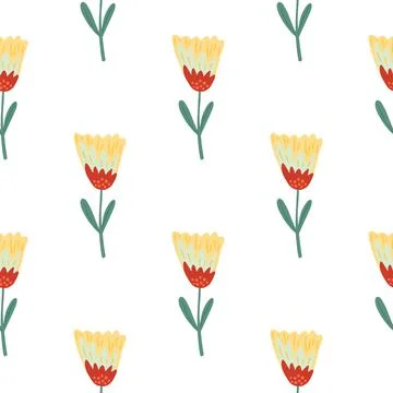 Isolated seamless doodle pattern with botanical flower ornament. Yellow and r Stock Illustration