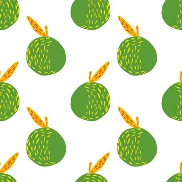 Isolated seamless doodle pattern with green doodle apple ornament. White back Stockillustratie