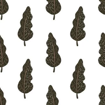 Isolated seamless doodle pattern with hand drawn brown dark trees. White back Illustrazione stock
