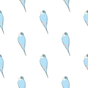Isolated seamless doodle pattern with hand drawn blue parrot ornament. White  Stock Illustration