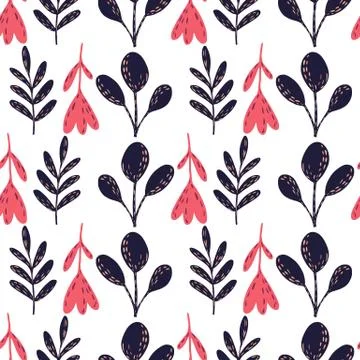 Isolated seamless doodle pattern with navy blue and pink flowers and branches Stock Illustration