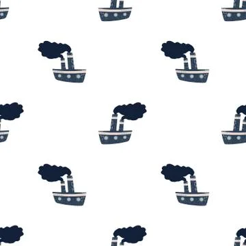 Isolated seamless doodle pattern with navy blue steamship silhouettes. White  Stock Illustration