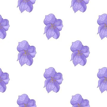 Isolated seamless doodle pattern with outline blue flower silhouettes. White  Stock Illustration