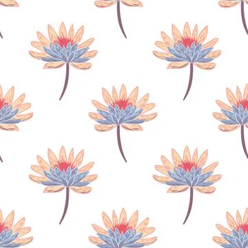 Isolated seamless doodle pattern with pink and blue colored chrysanthemum flo Stock Illustration
