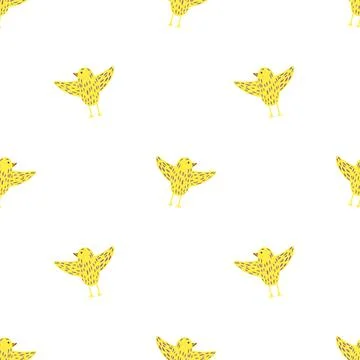Isolated seamless doodle pattern with simple yellow bird silhouettes. White b Stock Illustration