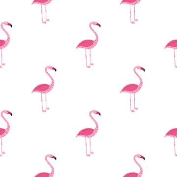 Isolated seamless exotic animal pattern with doodle pink flamingo silhouettes Stock Illustration
