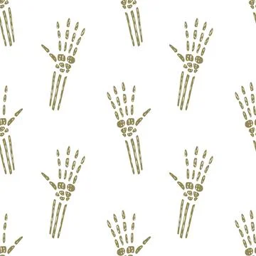 Isolated seamless haloween pattern with beige bone hands shapes. White backgr Stock Illustration