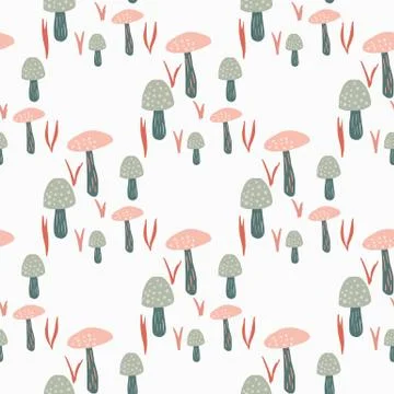 Isolated seamless hand drawn pattern with mushrooms ornament. White backgroun Stock Illustration